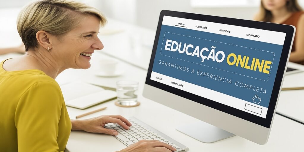 Tela de computador exibindo conteúdo sobre ensino digital, com mulher digitando em ambiente profissional