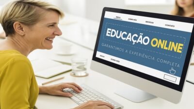 Tela de computador exibindo conteúdo sobre ensino digital, com mulher digitando em ambiente profissional