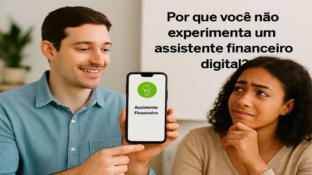 Duas pessoas conversam sobre aplicativo financeiro exibido em smartphone.
