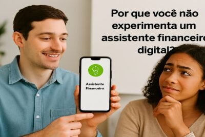 Duas pessoas conversam sobre aplicativo financeiro exibido em smartphone.